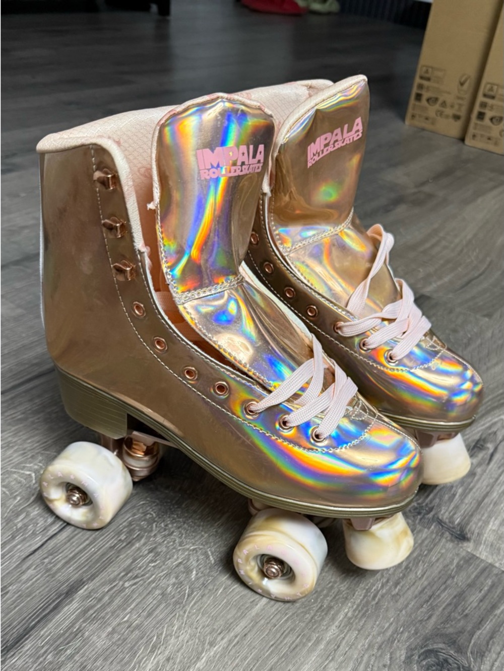Holographic Pink Roller Skates with Rose Gold Plate